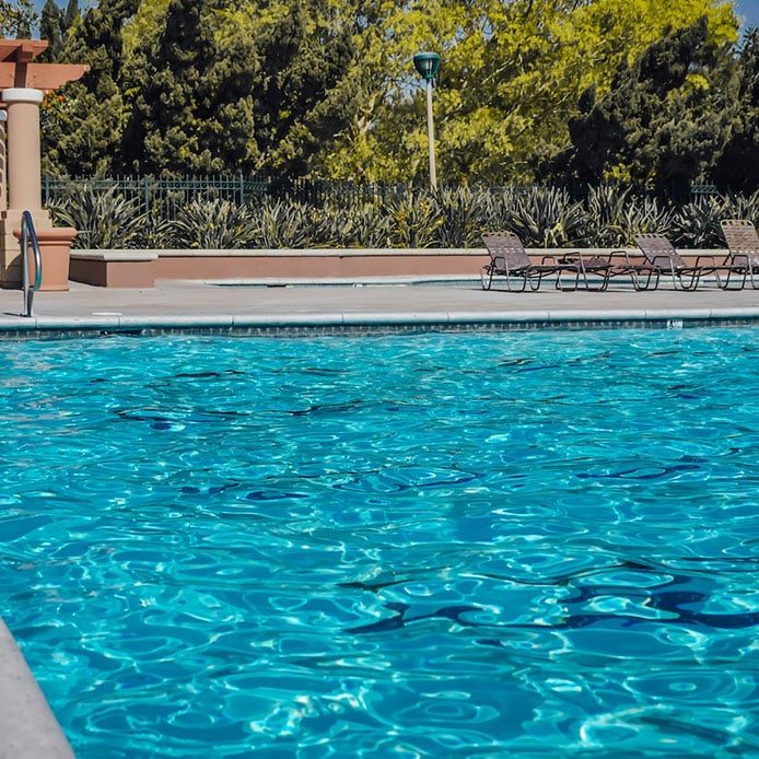 Blue Swimming Pool Near Green Trees — Hi-Tech Pools & Spas In Yarawonga, NT